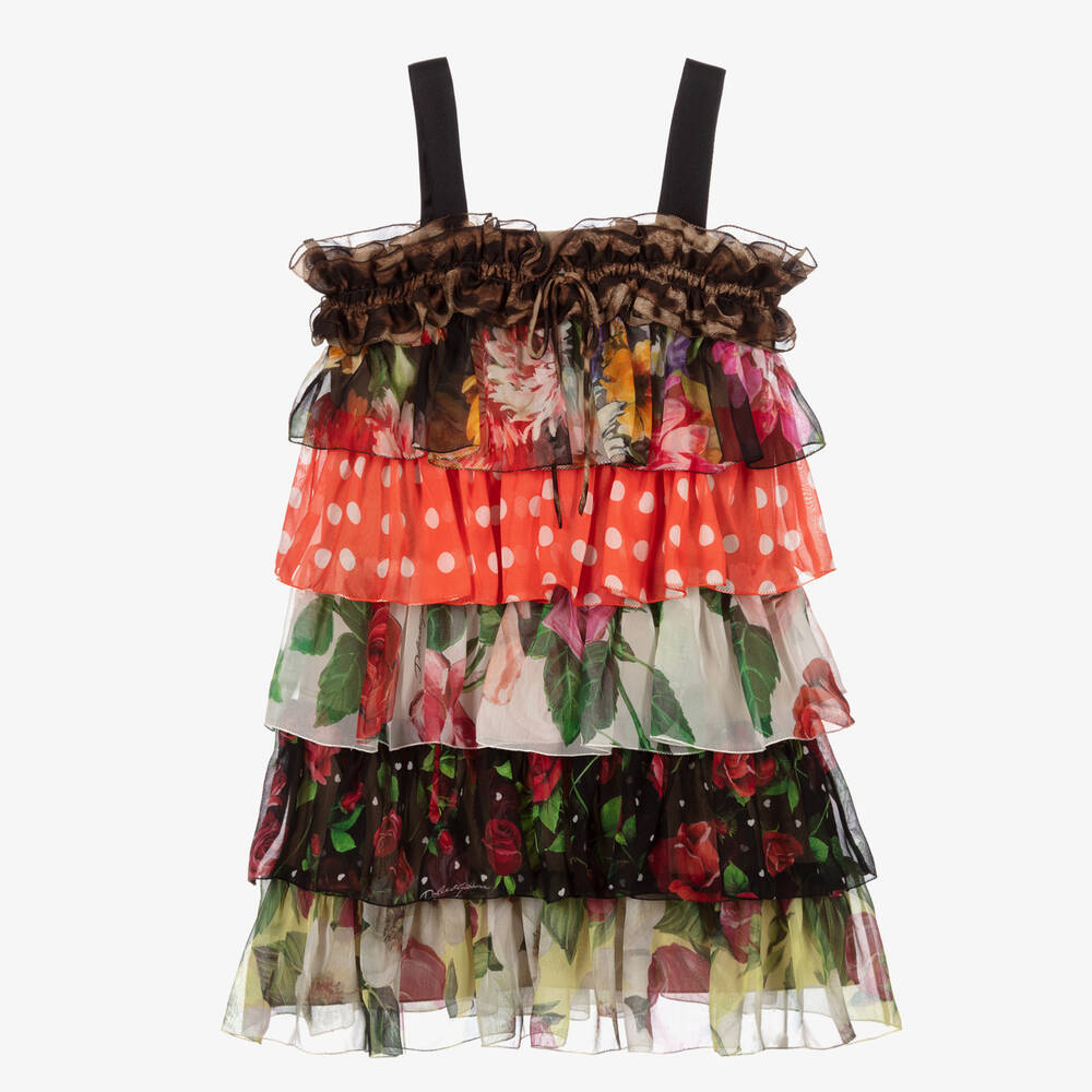 Dolce & Gabbana - فستان مزيج حرير لون أحمر بطبعة ملونة | Childrensalon