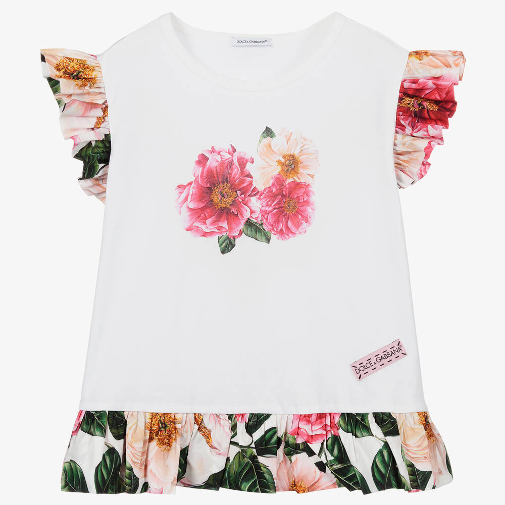 Dolce & Gabbana - Weißes Teen T-Shirt mit Kamelien-Print | Childrensalon