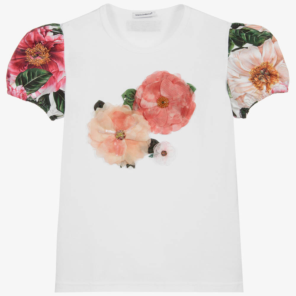 Dolce & Gabbana - Weißes Teen T-Shirt mit Kamelien-Print | Childrensalon