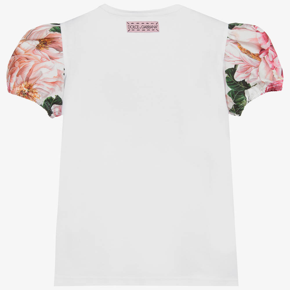 Dolce & Gabbana-Белая футболка с камелиями для подростков | Childrensalon Outlet