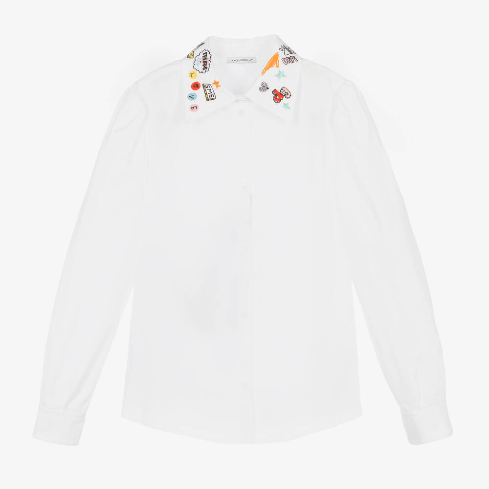 Dolce & Gabbana - Белая хлопковая блузка с принтом на воротнике для подростков | Childrensalon