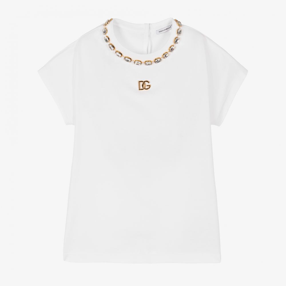 Dolce & Gabbana - Weißes Teen DG T-Shirt mit Kristallen | Childrensalon