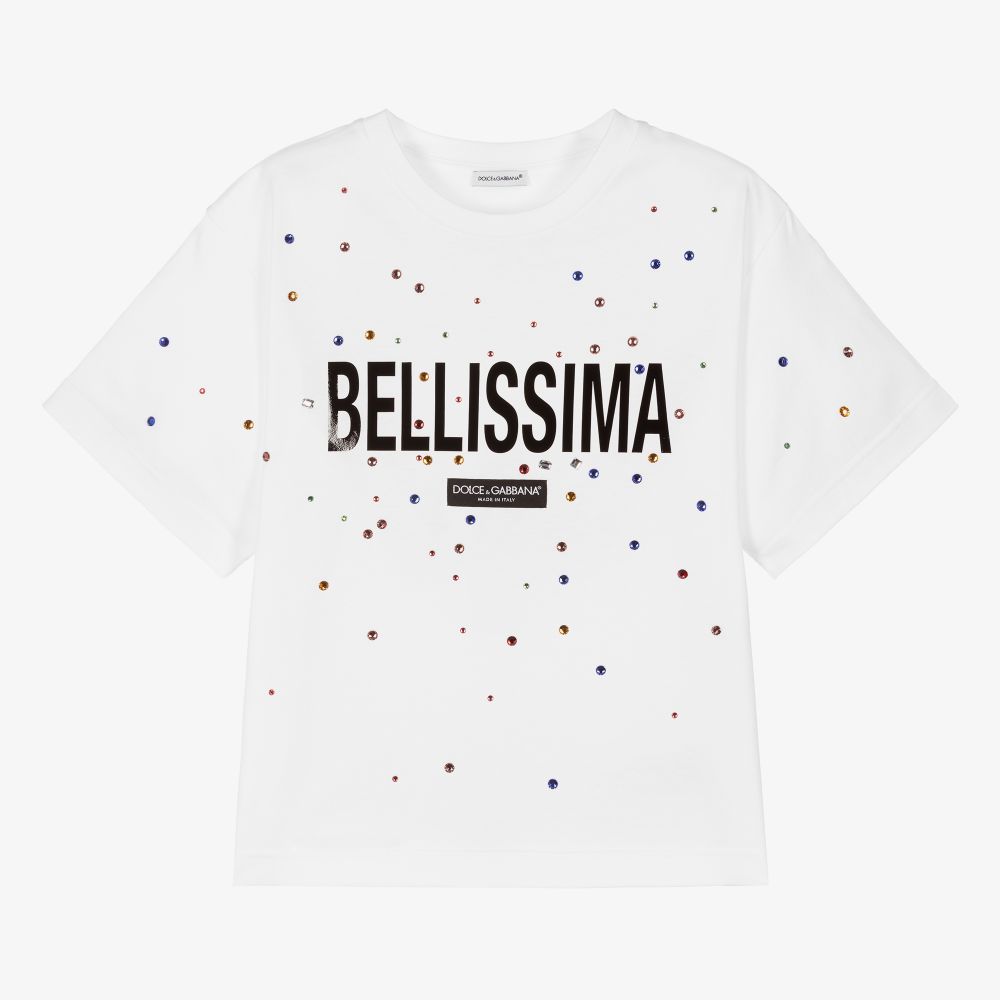 Dolce & Gabbana - Weißes Teen T-Shirt mit Kristallsteinen | Childrensalon