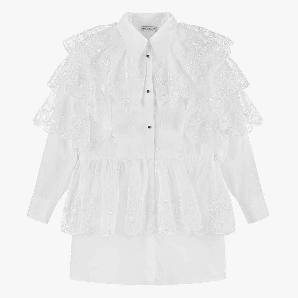 Dolce & Gabbana - Белое платье-рубашка из органзы для подростков | Childrensalon