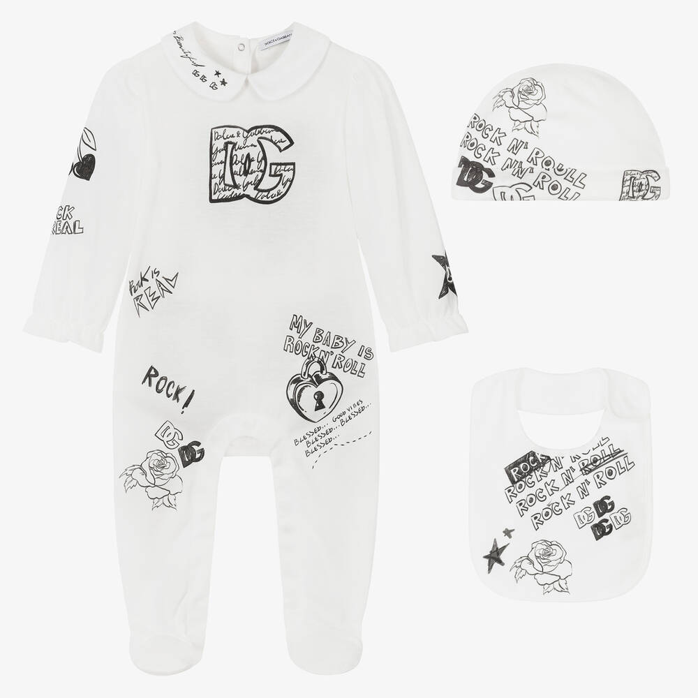 Dolce & Gabbana - طقم هدية قطن لون أبيض للمولودات - 3 قطع | Childrensalon