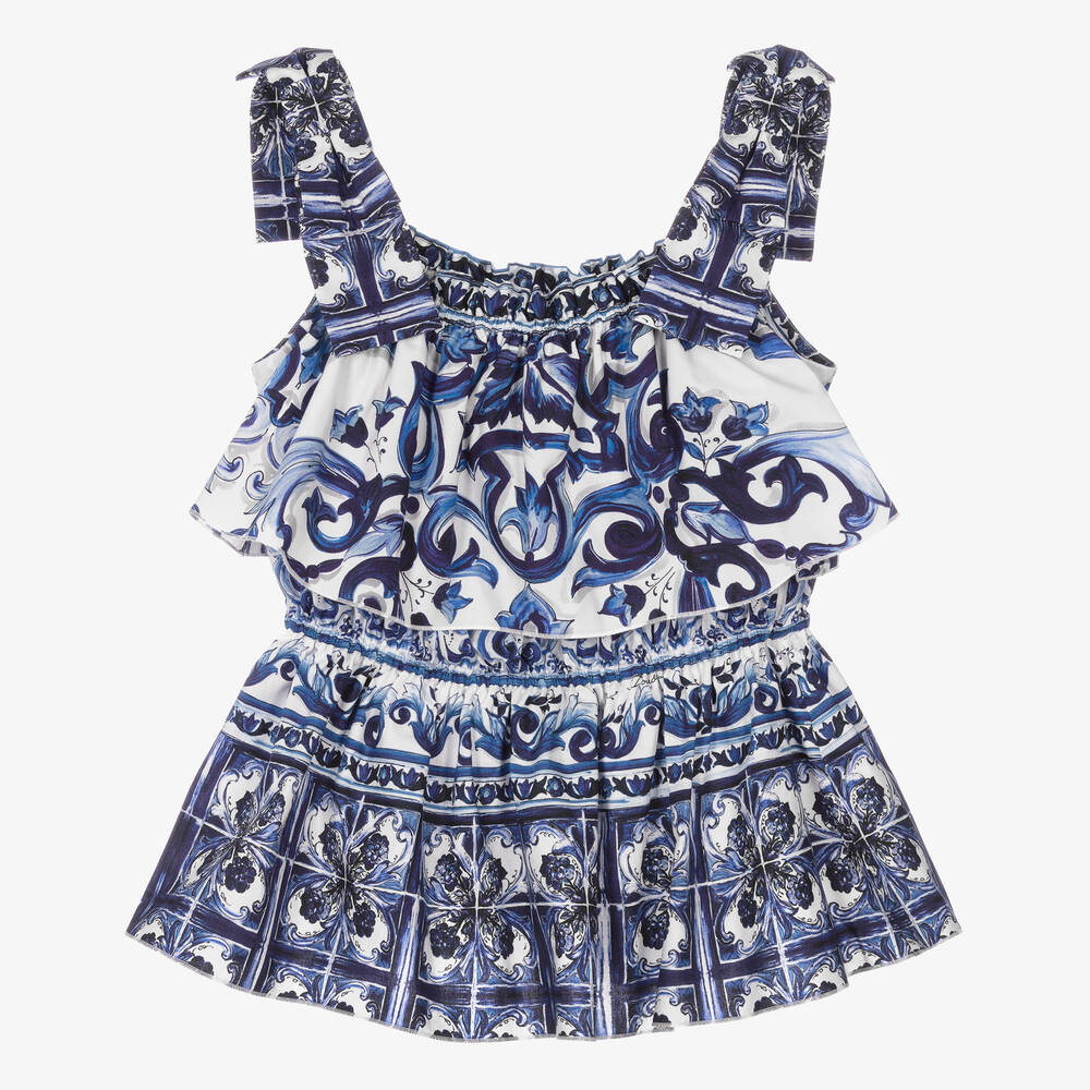 Dolce & Gabbana - بلوز قطن بطبعة ماجوليكا لون أبيض وأزرق | Childrensalon