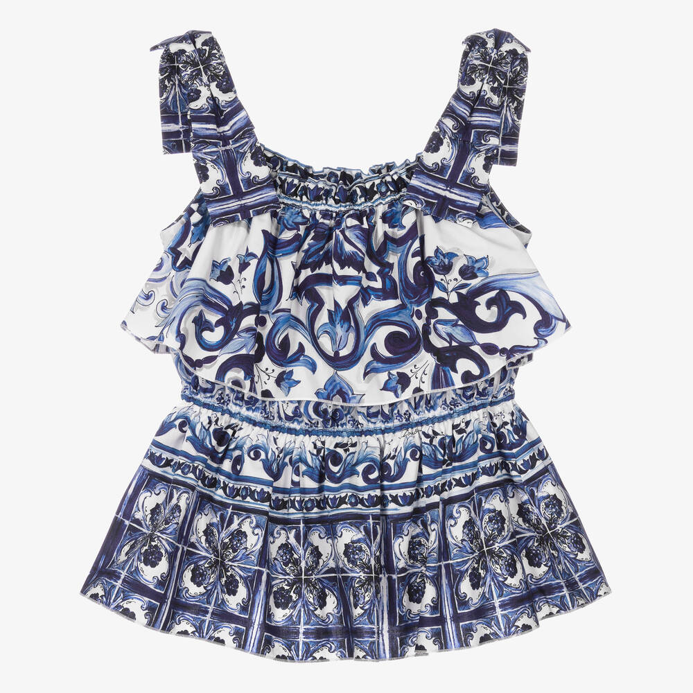 Dolce & Gabbana-بلوز قطن بطبعة ماجوليكا لون أبيض وأزرق | Childrensalon Outlet
