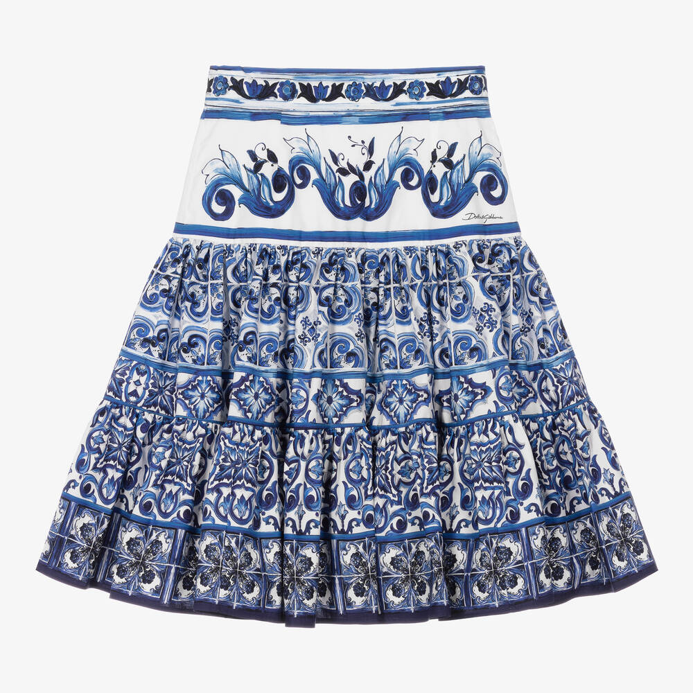 Dolce & Gabbana - تنورة قطن بوبلين لون أبيض وأزرق بطبعة ماجوليكا | Childrensalon