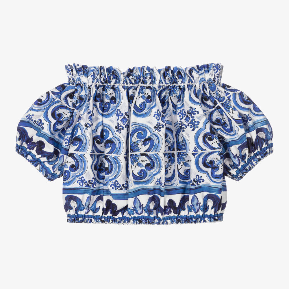 Dolce & Gabbana-توب قطن بوبلين لون أبيض وأزرق بطبعة ماجوليكا للبنات | Childrensalon Outlet