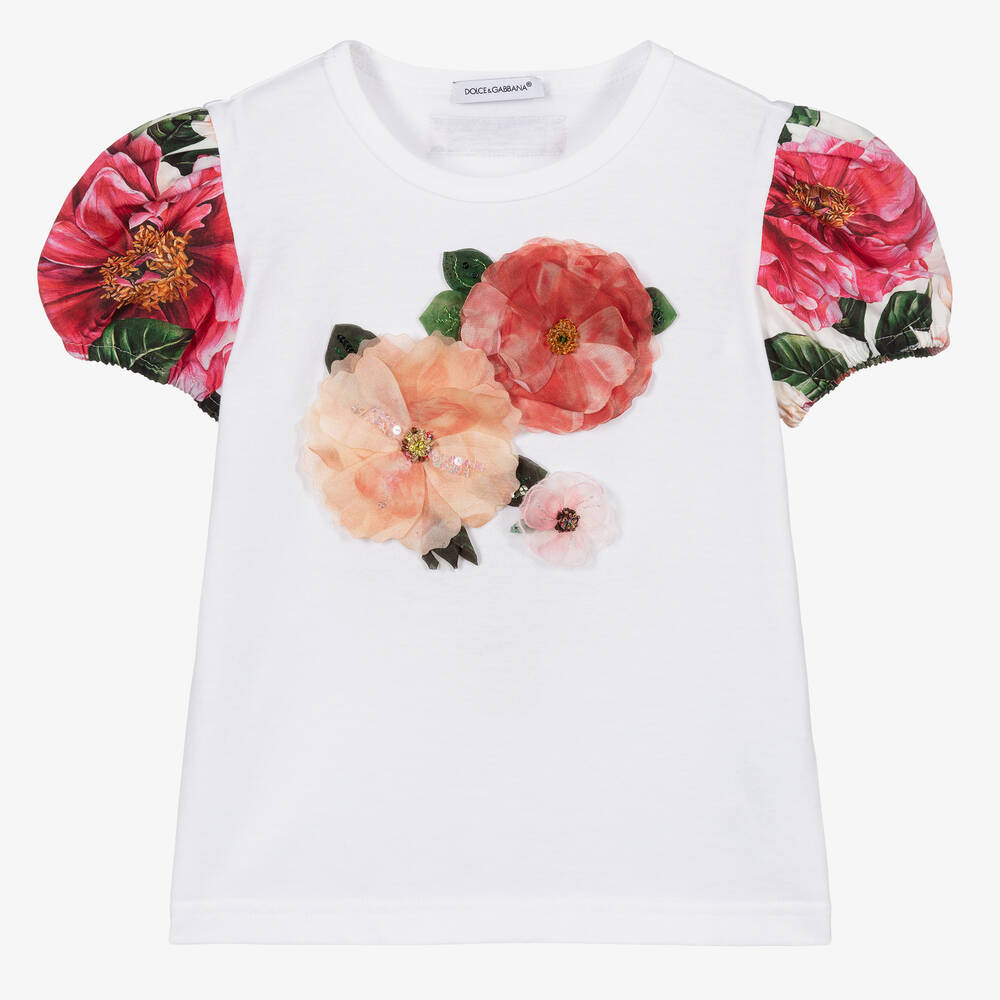 Dolce & Gabbana-White Cotton Camellia T-Shirt | Childrensalon Outlet