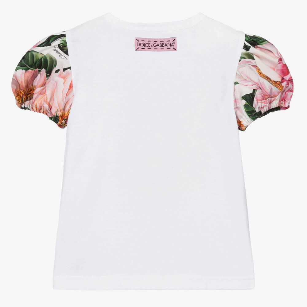 Dolce & Gabbana-White Cotton Camellia T-Shirt | Childrensalon Outlet