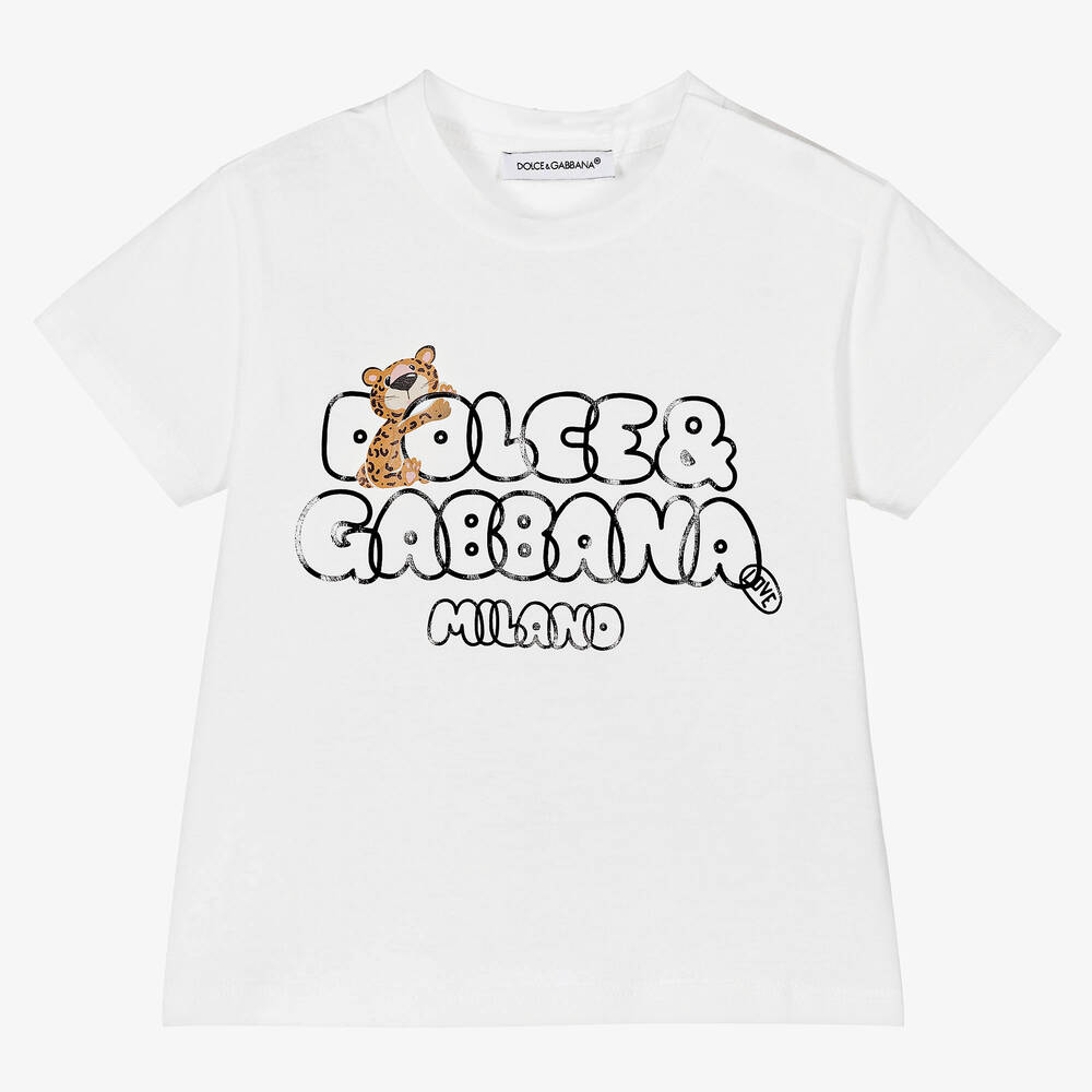 Dolce & Gabbana - White Cotton Leopard Logo T-Shirt | Childrensalon