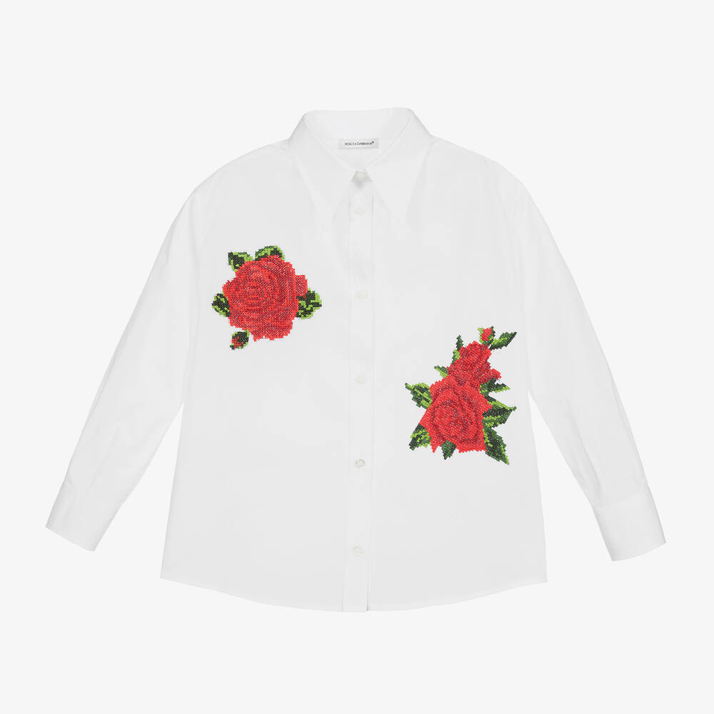 Dolce & Gabbana - بلوز قطن بوبلين مطرز لون أبيض وأحمر للبنات | Childrensalon