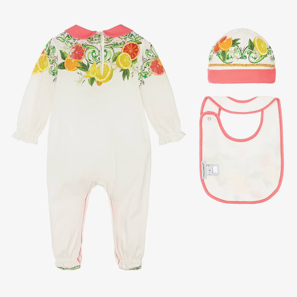 Dolce & Gabbana-White Fruit Print Cotton Babysuit Set | Childrensalon Outlet