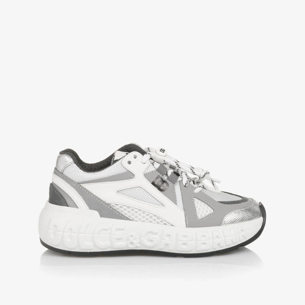 Dolce & Gabbana-White & Grey Mesh Trainers with Leather Trims | Childrensalon Outlet