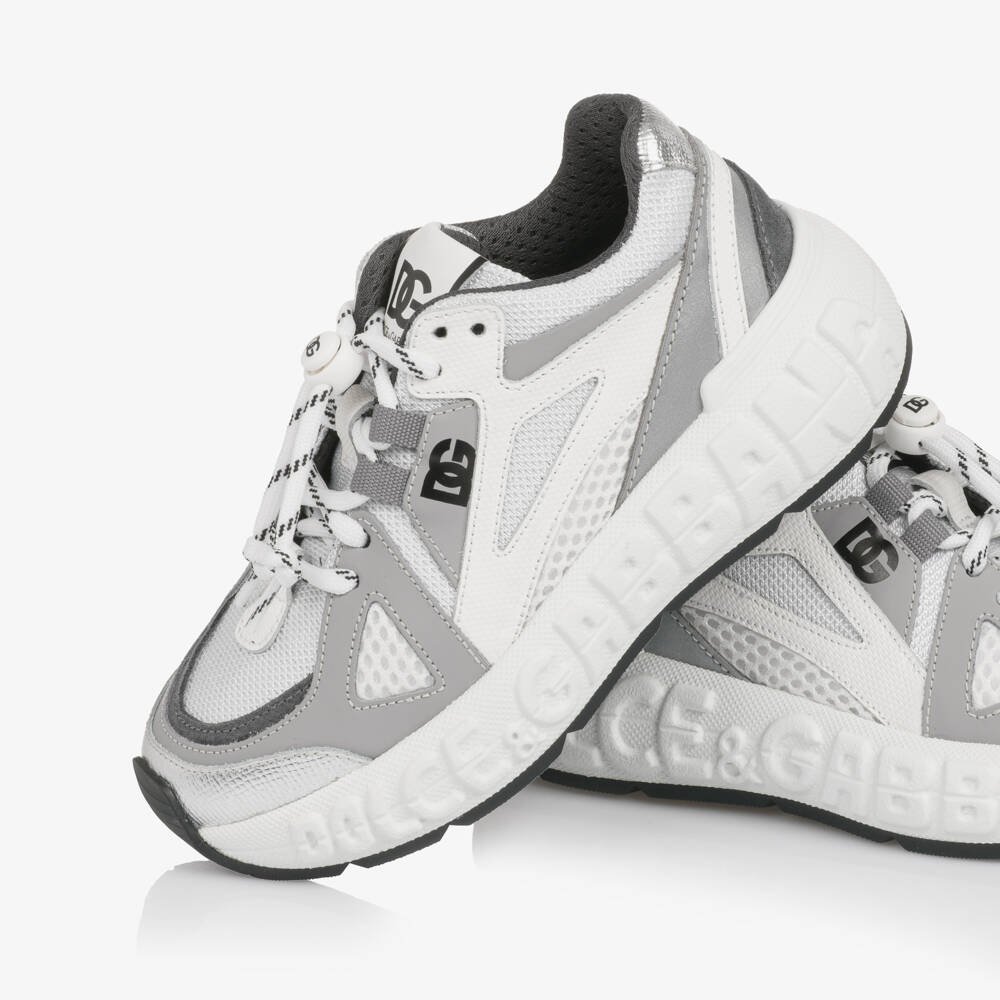 Dolce & Gabbana-White & Grey Mesh Trainers with Leather Trims | Childrensalon Outlet