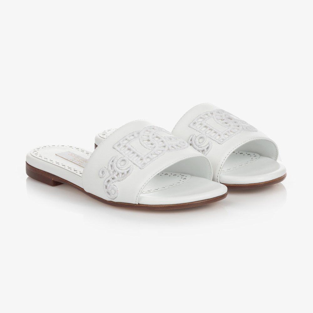 Dolce & Gabbana-Белые кожаные шлепанцы DG | Childrensalon Outlet