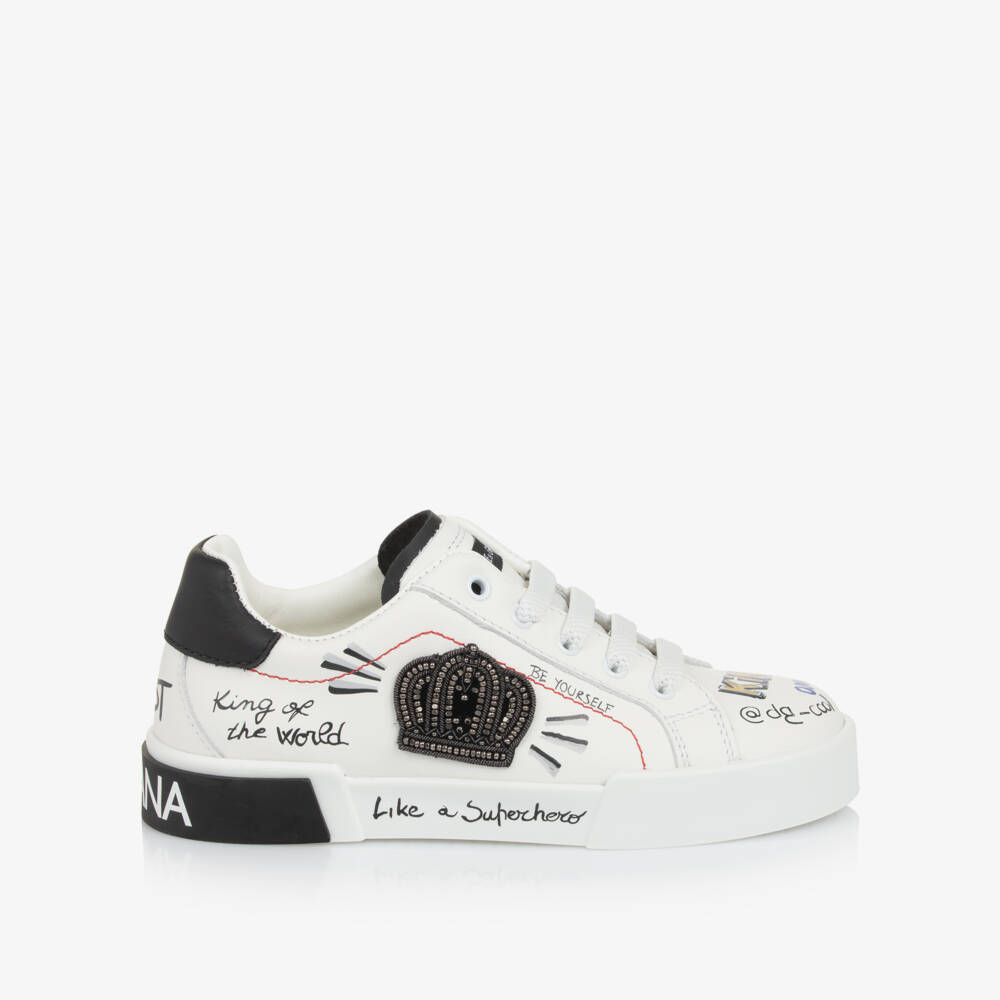 Dolce & Gabbana-White Leather King Doodle Slip-On Trainers | Childrensalon Outlet