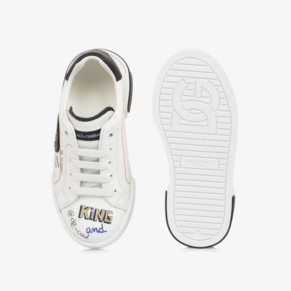 Dolce & Gabbana-White Leather King Doodle Slip-On Trainers | Childrensalon Outlet