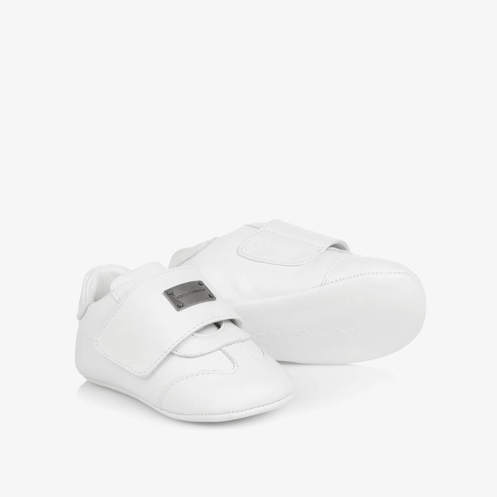 Dolce & Gabbana-White Leather Pre-Walker Shoes with Logo Plaque | Childrensalon Outlet