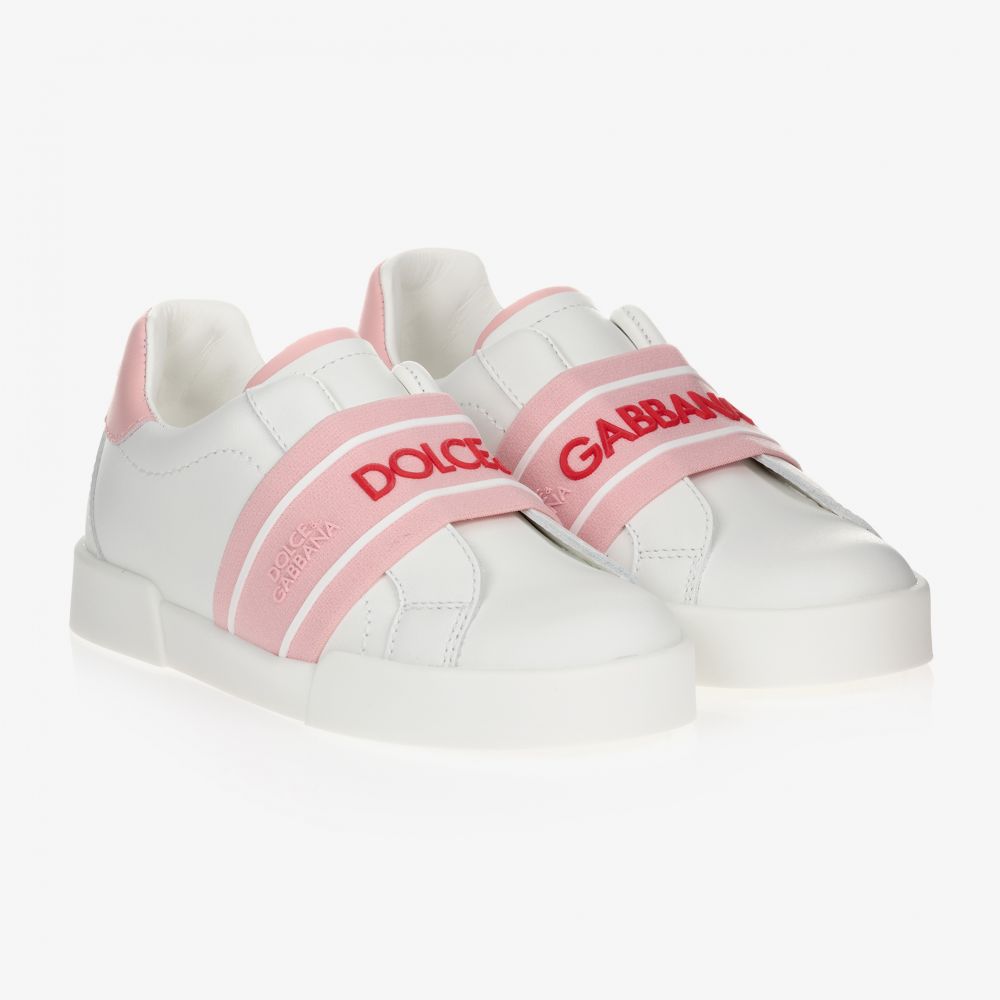 Dolce & Gabbana - White & Pink Leather Trainers | Childrensalon