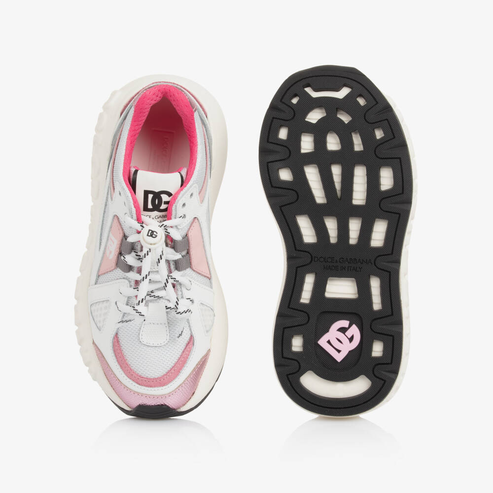 Dolce & Gabbana-White & Pink Mesh Trainers with Leather Trims | Childrensalon Outlet