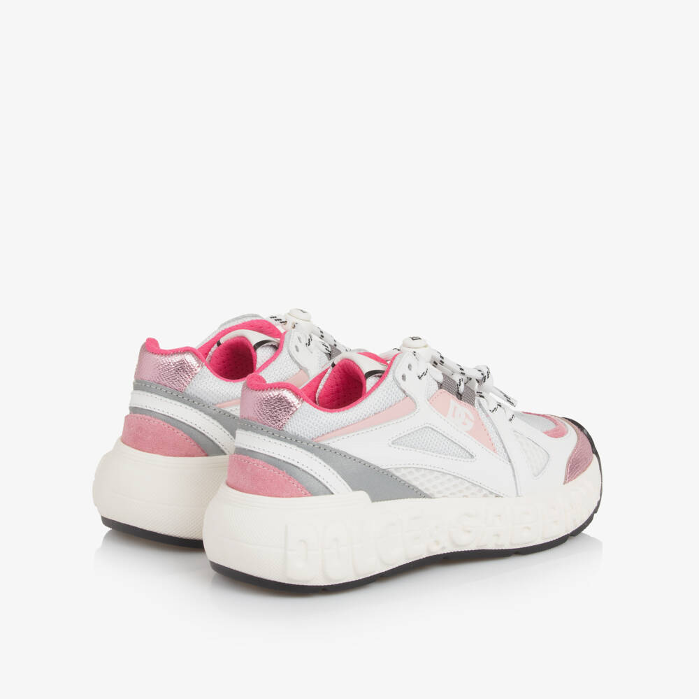 Dolce & Gabbana-White & Pink Mesh Trainers with Leather Trims | Childrensalon Outlet