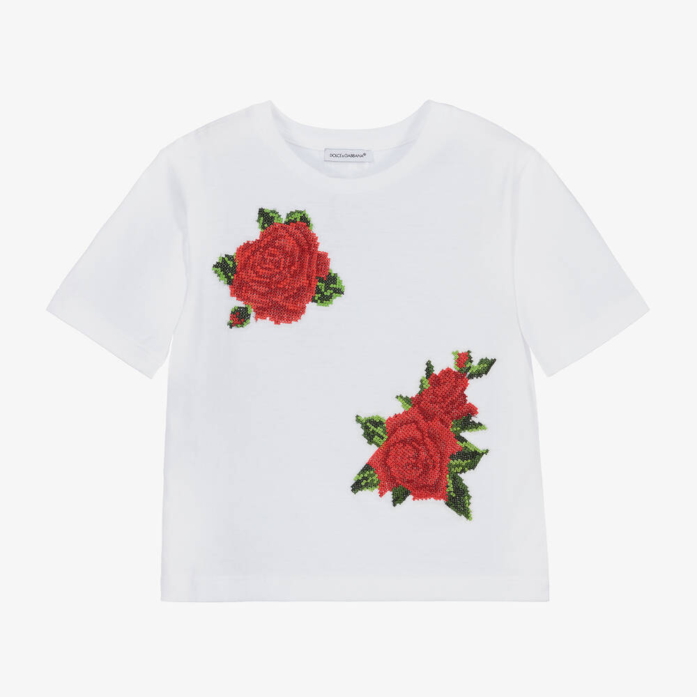 Dolce & Gabbana - تيشيرت قطن مطرز لون أبيض وأحمر للبنات | Childrensalon