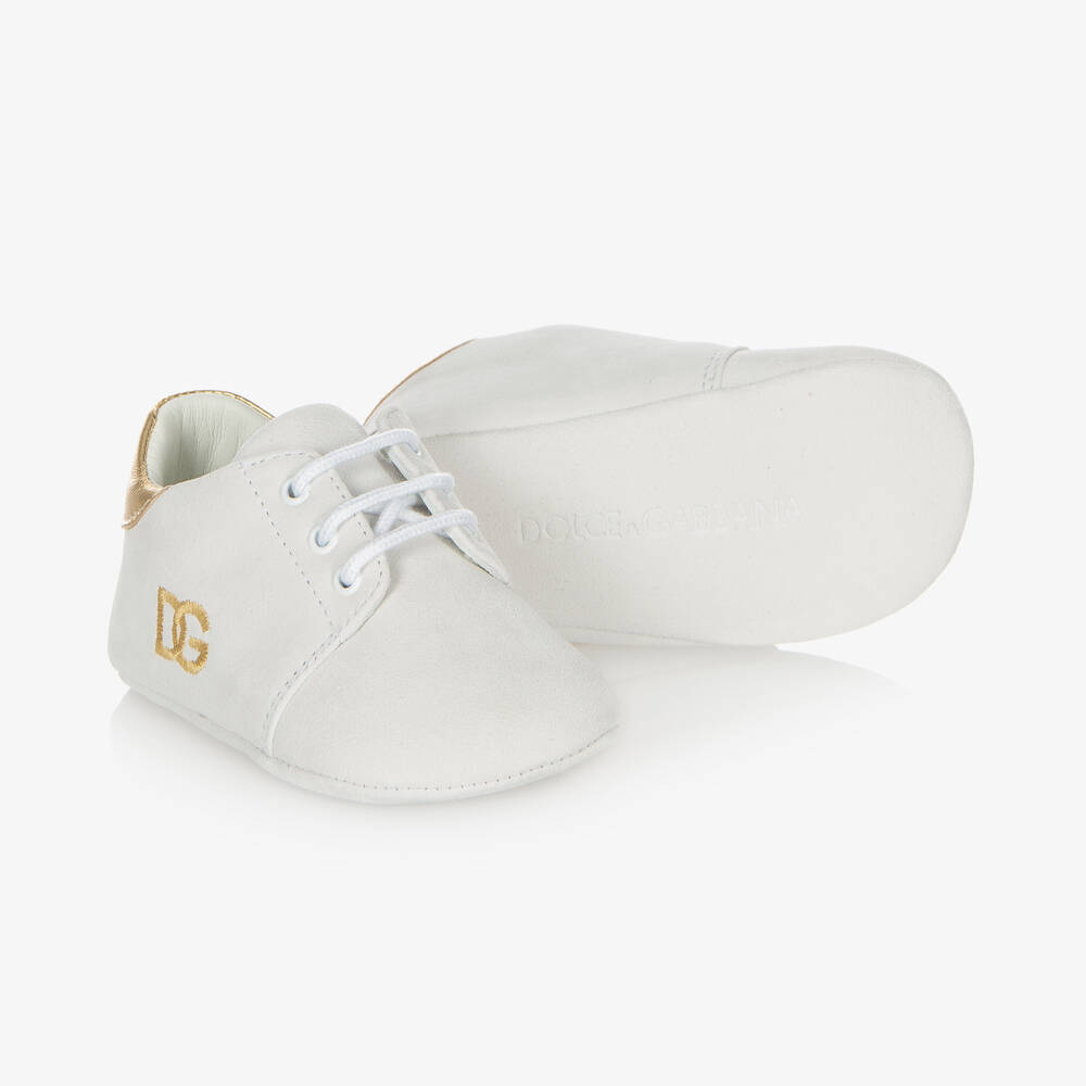 Dolce & Gabbana - White Suede Logo Baby Shoes | Childrensalon