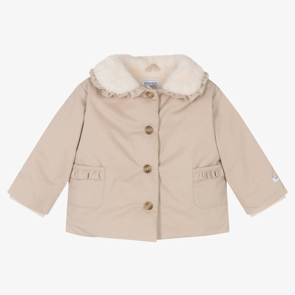 Donsje - Baby Girls Beige Faux Fur Collar Jacket | Childrensalon