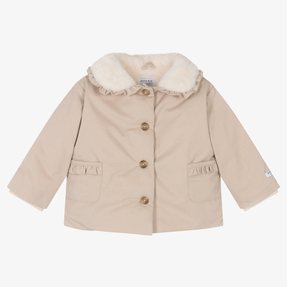 Donsje - Beige Babyjacke mit Kunstpelzkragen | Childrensalon