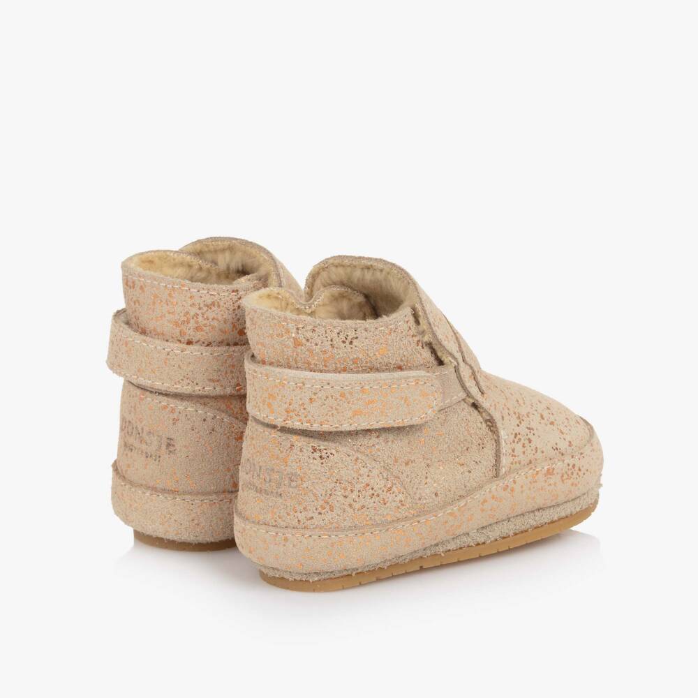 Donsje-Baby Girls Beige & Sparkly Gold Suede Pre-Walkers | Childrensalon Outlet