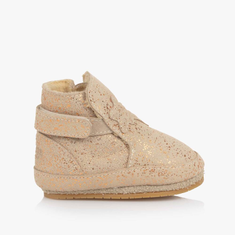 Donsje-Baby Girls Beige & Sparkly Gold Suede Pre-Walkers | Childrensalon Outlet