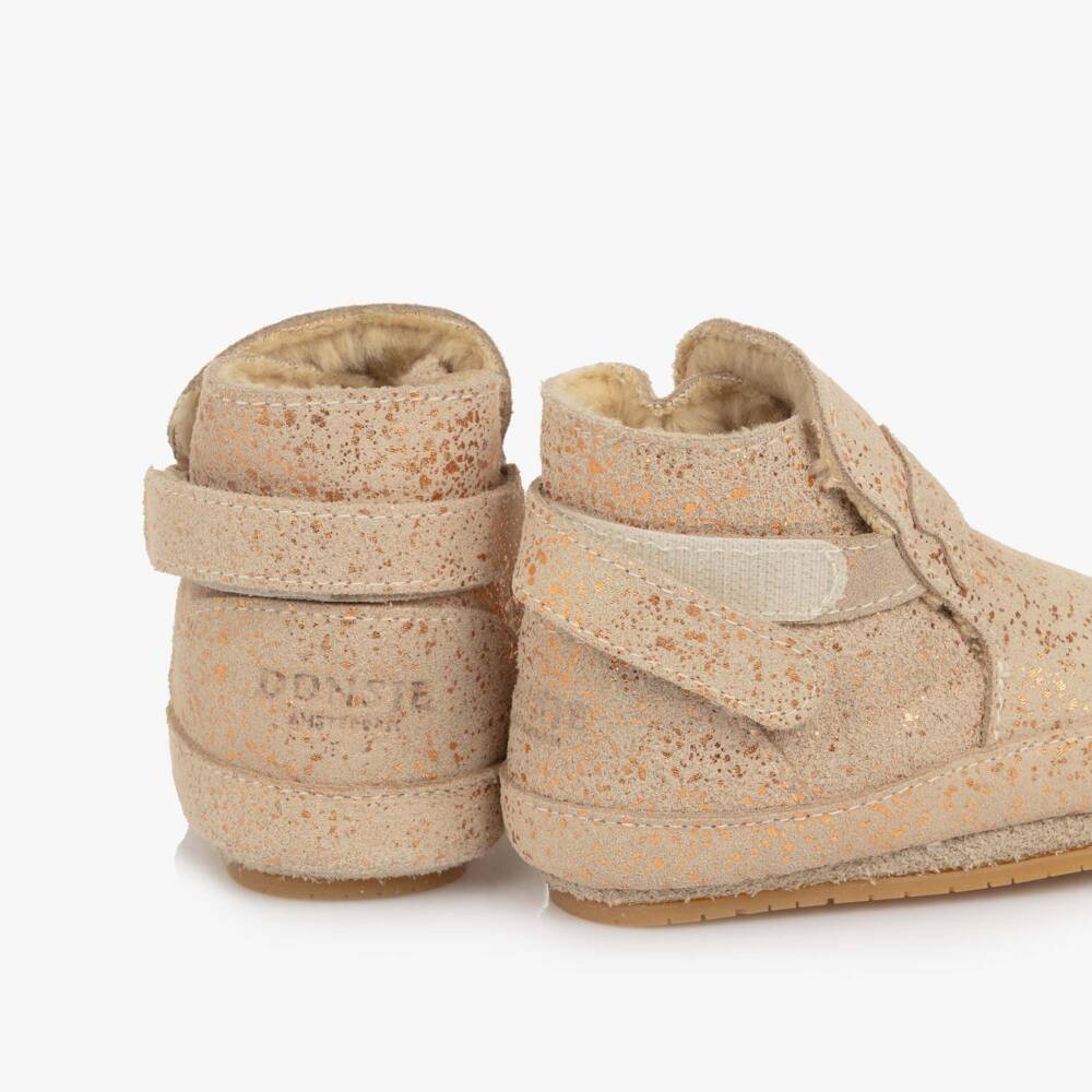 Donsje-Baby Girls Beige & Sparkly Gold Suede Pre-Walkers | Childrensalon Outlet