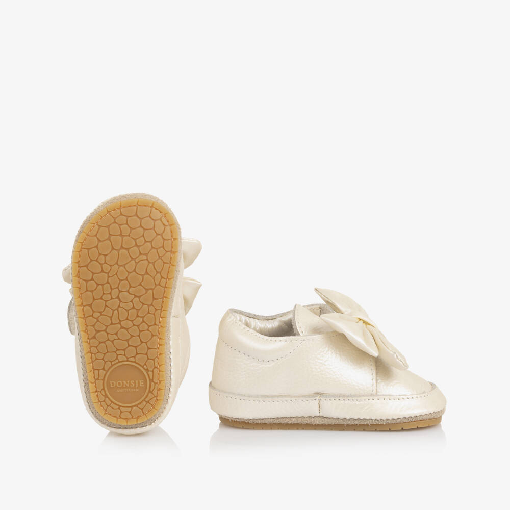 Donsje-Baby Girls Metallic White Leather Velcro Trainers with Bow | Childrensalon Outlet