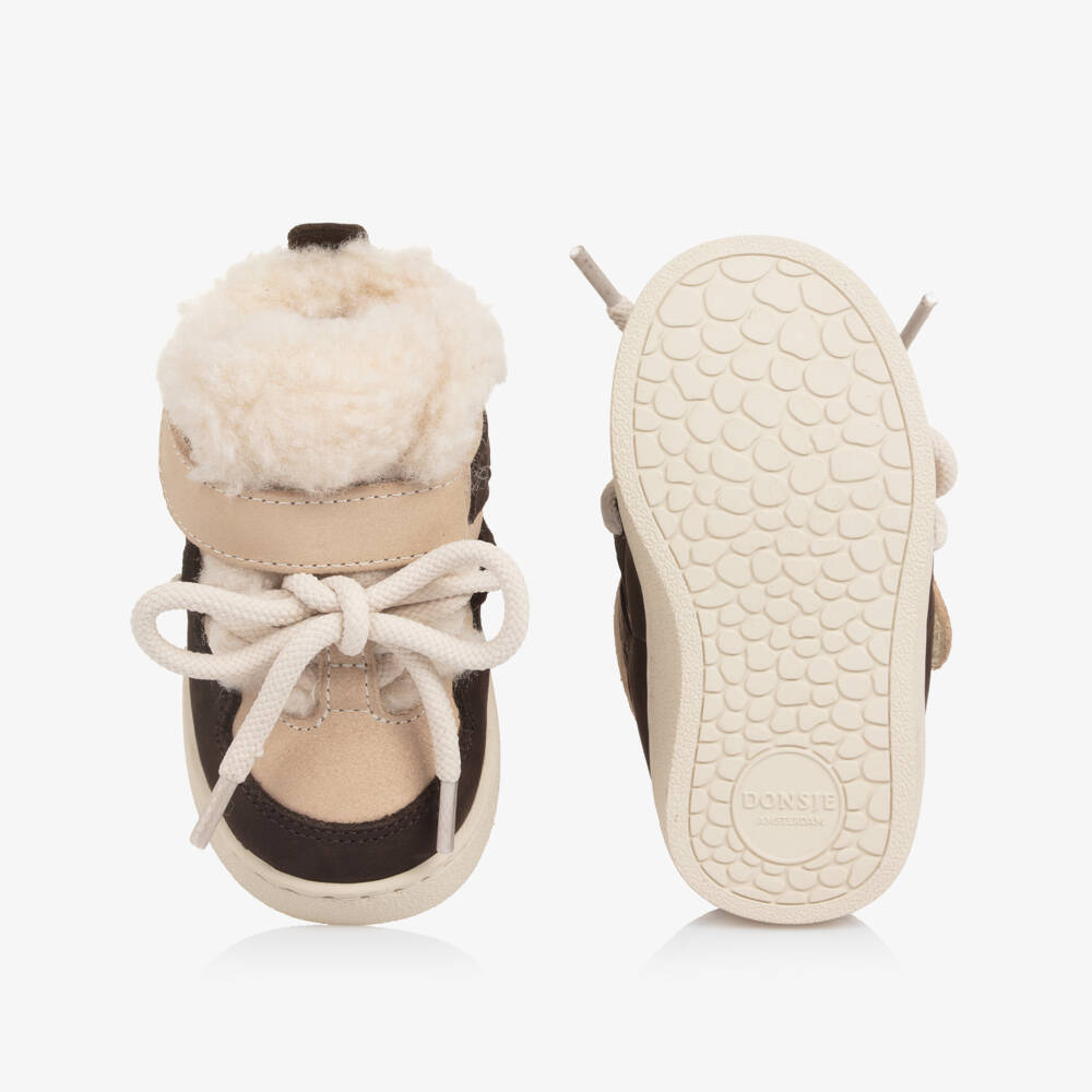 Donsje-Beige & Brown Nubuck & Wool First Walker Trainers | Childrensalon Outlet