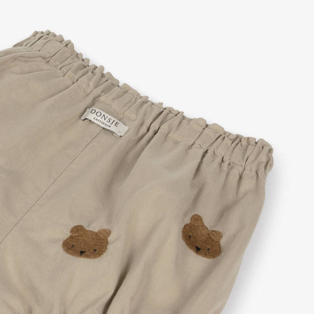 Donsje-Beige Embroidered Cotton Teddy Bear Shorts | Childrensalon Outlet