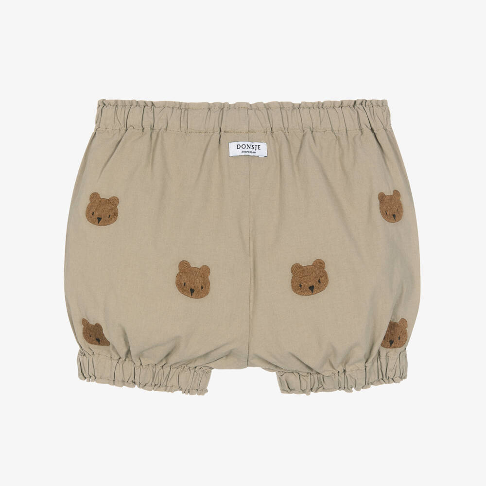 Donsje-Beige Embroidered Cotton Teddy Bear Shorts | Childrensalon Outlet