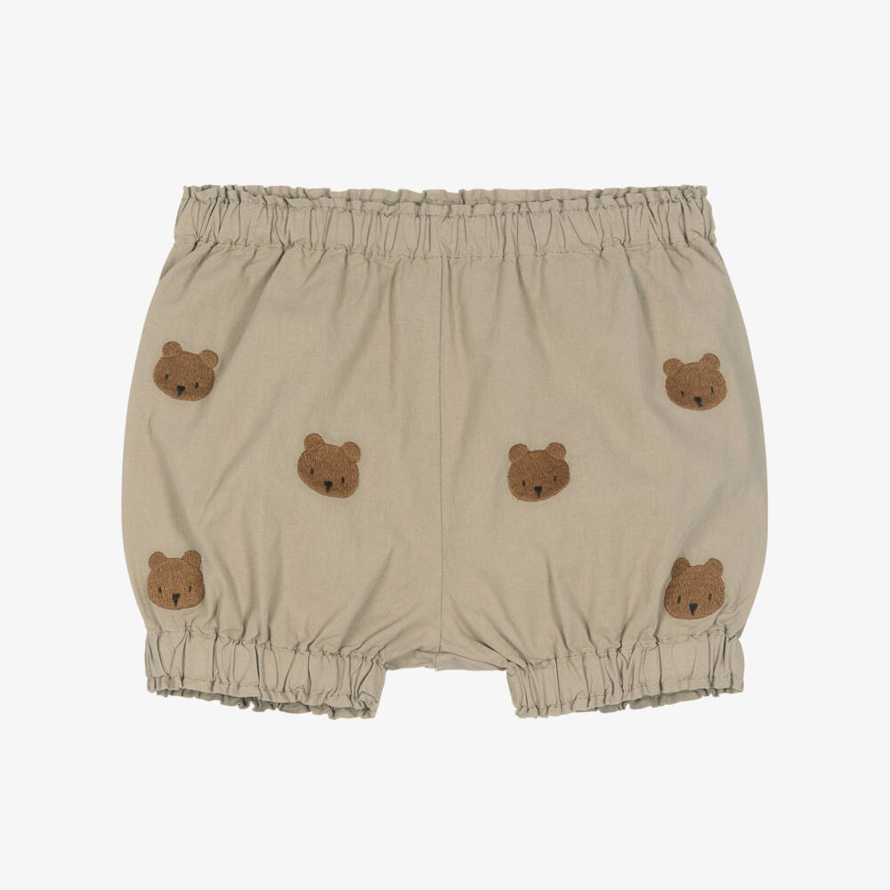 Donsje-Beige Embroidered Cotton Teddy Bear Shorts | Childrensalon Outlet