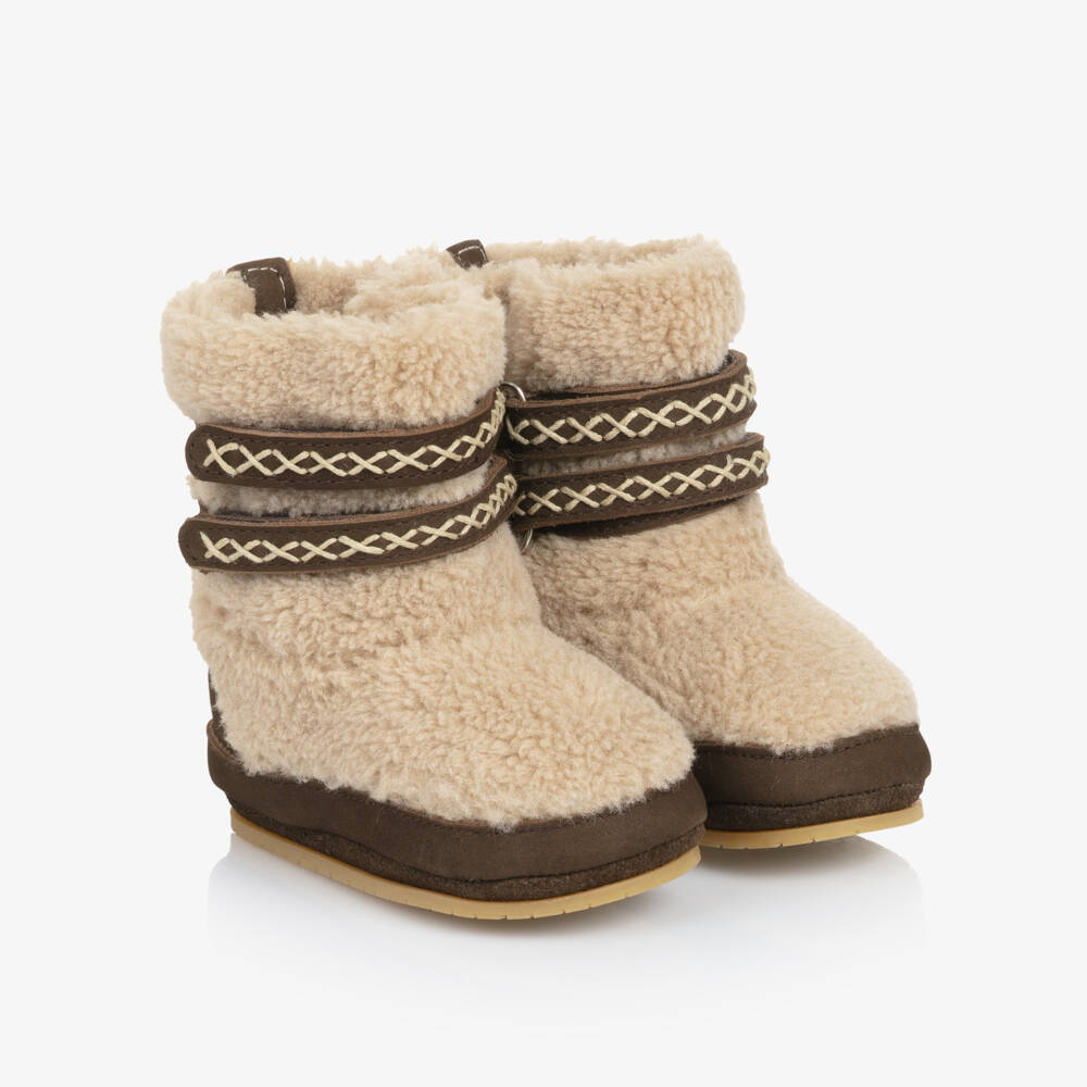 Donsje-Beige Fleece & Brown Nubuck Baby Boots | Childrensalon Outlet