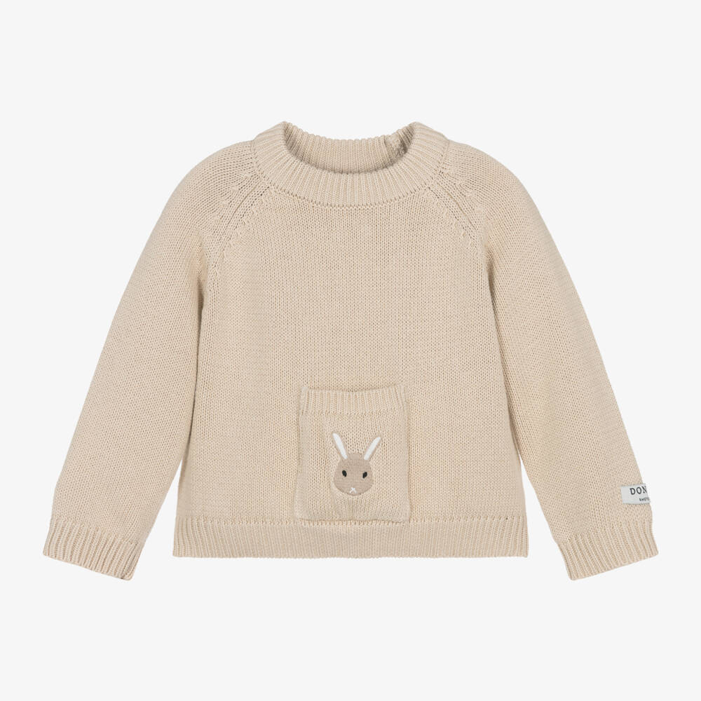 Donsje-Beige Knitted Cotton Bunny Sweater | Childrensalon Outlet