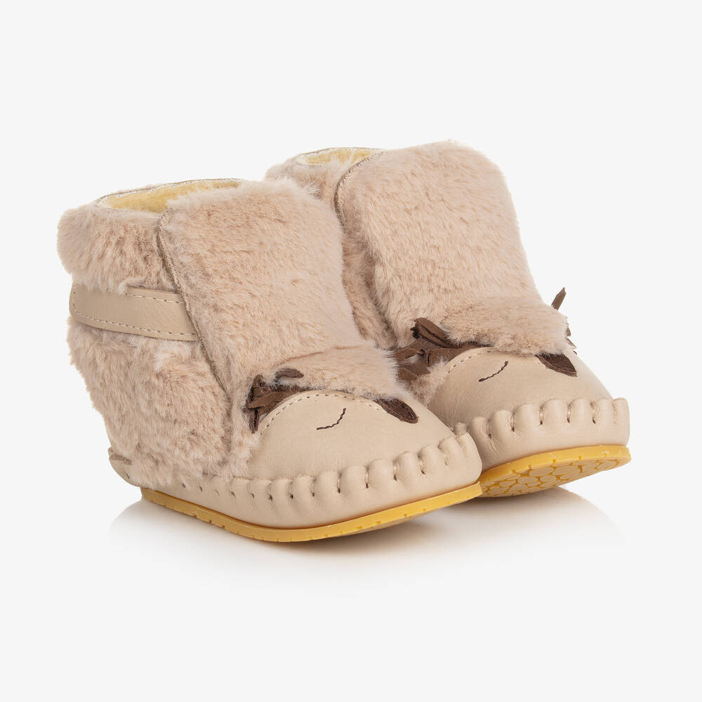 Donsje - Beige Leder-Kunstpelz-Eulenstiefel | Childrensalon