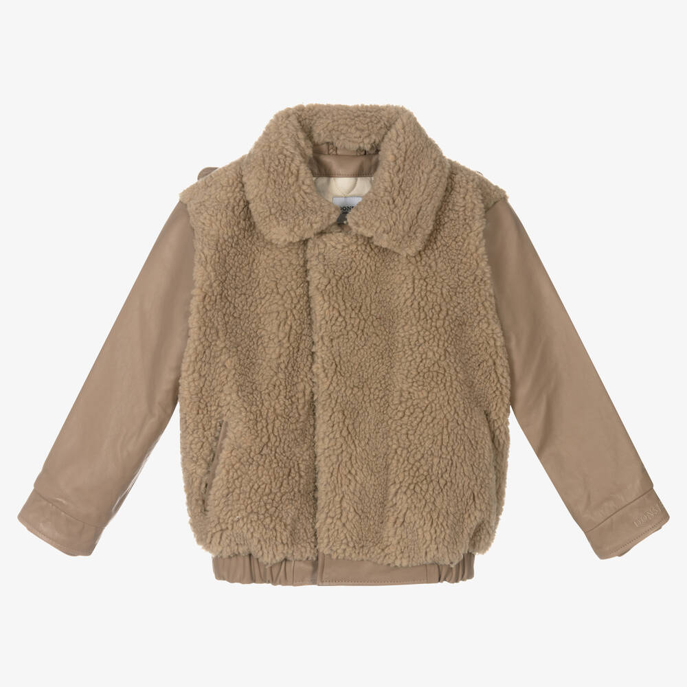 Donsje - Beige Leder- und Fleecejacke | Childrensalon