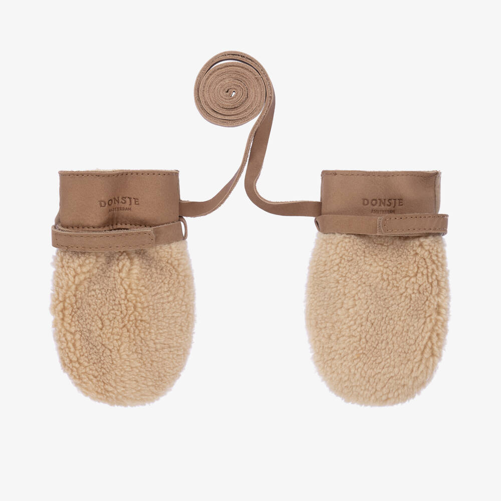 Donsje-Beige Teddy Fleece Mittens | Childrensalon Outlet