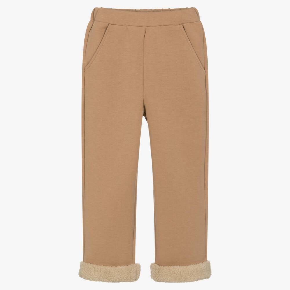 Donsje - Boys Beige Cotton Fleece Turn-Up Trousers  | Childrensalon