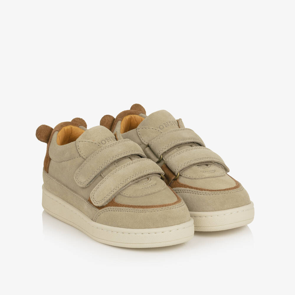 Donsje-Boys Beige Suede Trainers with Brown Bear Motif | Childrensalon Outlet