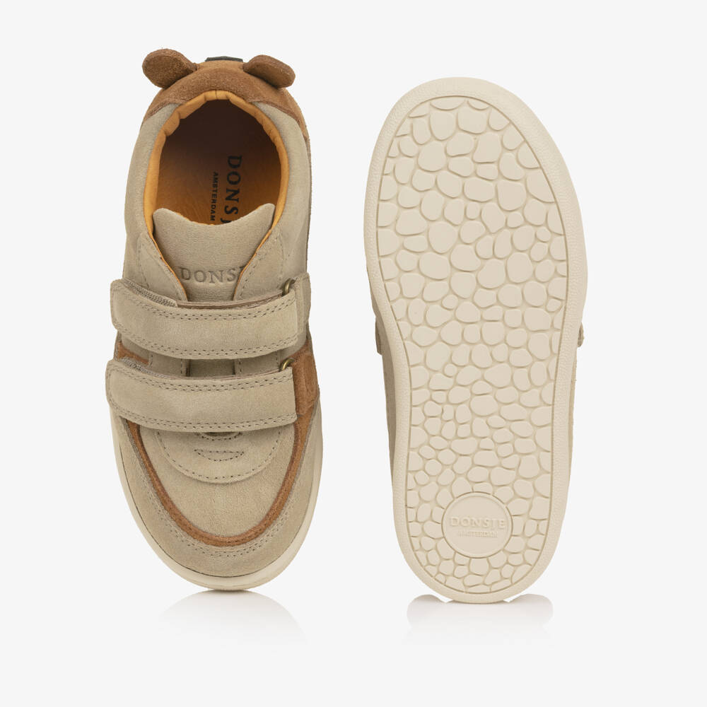 Donsje-Boys Beige Suede Trainers with Brown Bear Motif | Childrensalon Outlet