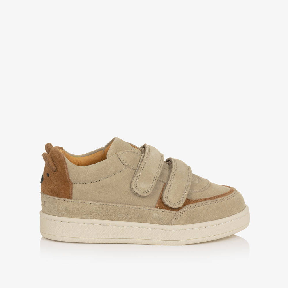 Donsje-Boys Beige Suede Trainers with Brown Bear Motif | Childrensalon Outlet