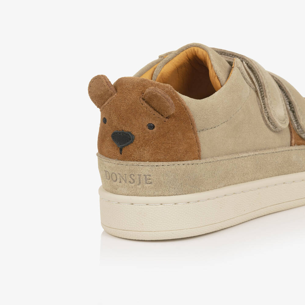 Donsje-Boys Beige Suede Trainers with Brown Bear Motif | Childrensalon Outlet