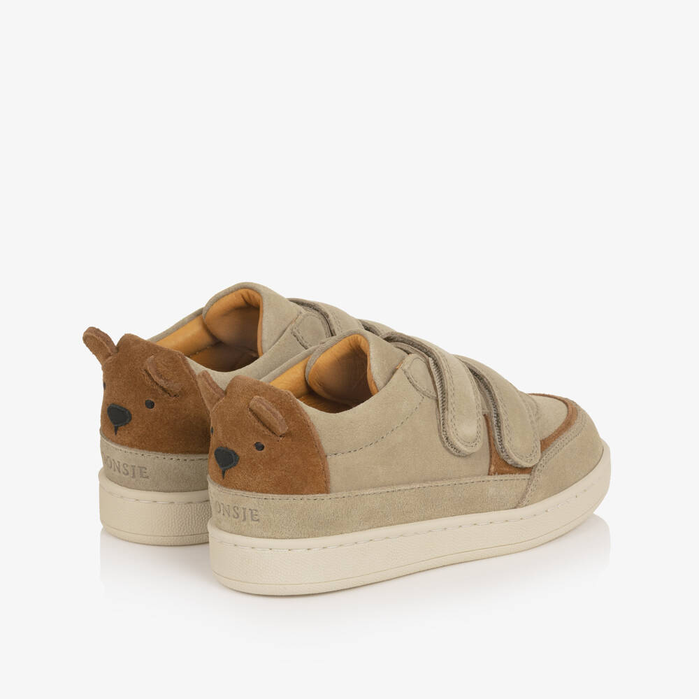 Donsje-Boys Beige Suede Trainers with Brown Bear Motif | Childrensalon Outlet